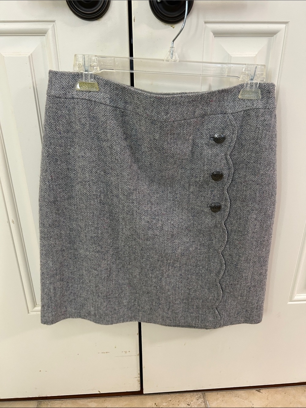 NWT Talbots Petite Wool-Blend Gray Herringbone Skirt with Side Button Detail